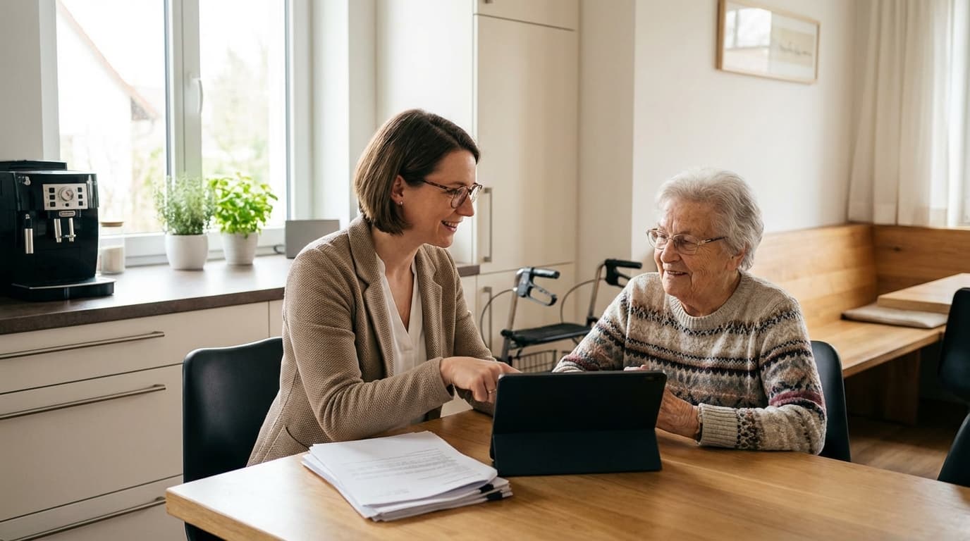 Pflegeberaterin erklärt älterem Ehepaar Pflegeleistungen am heimischen Küchentisch