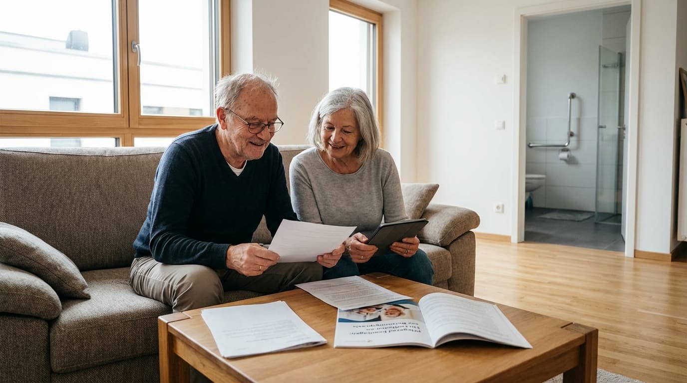 Seniorin mit Gehstock beim Ausfüllen des Pflegegrad-Antrags am Küchentisch