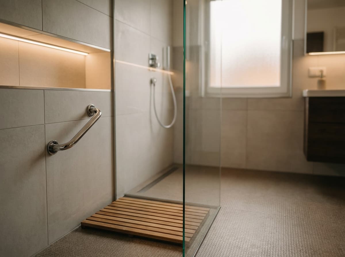 Barrierefreies Badezimmer mit Haltegriff an der Wand und ebenerdiger Dusche