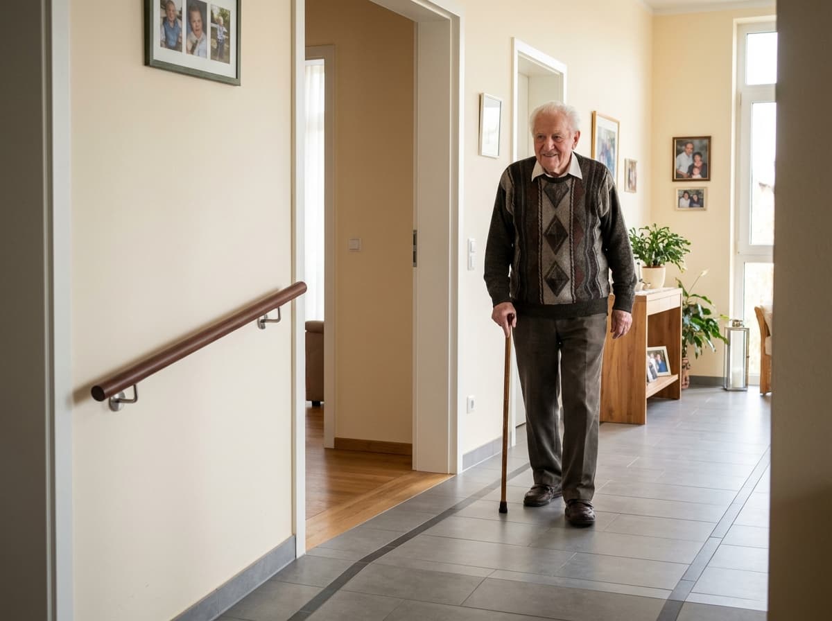 Barrierefreier Flur mit Handlauf und schwellenfreiem Durchgang für wohnumfeldverbessernde Maßnahmen